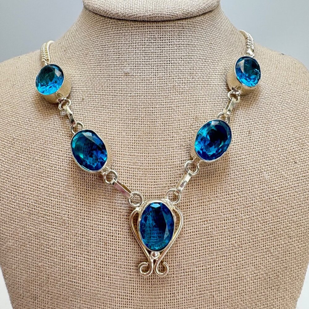 VTG Sterling Silver 925 Dark Blue Topaz Station Necklace Size 18" Length